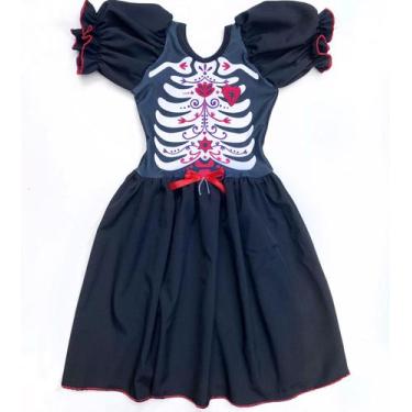 Imagem de Vestido Tema Caveira Mexicana Halloween Fantasia Moda Infantil Menina-
