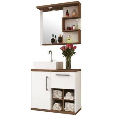 Imagem de Kit Banheiro Gabinete Suspenso 70Cm B06 Branco Nogal