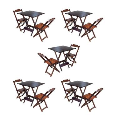 Imagem de Kit 5 Jogos de Mesa Dobravel com 2 Cadeiras de Madeira 70x70 para Restaurante e Bar - Imbuia