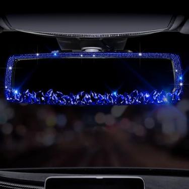 Imagem de Murimt Espelhos retrovisores de carro brilhantes decorações espelho retrovisor com strass de vidro HD espelhos interiores automotivos acessórios de carro brilhantes para mulheres (HSJ-pedra azul