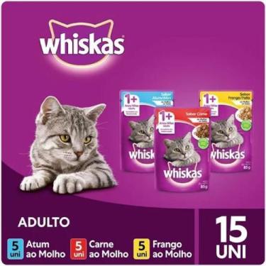 Imagem de Kit Ração Úmida Whiskas Sachê ao Molho Para Gatos Adultos Atum + Carne