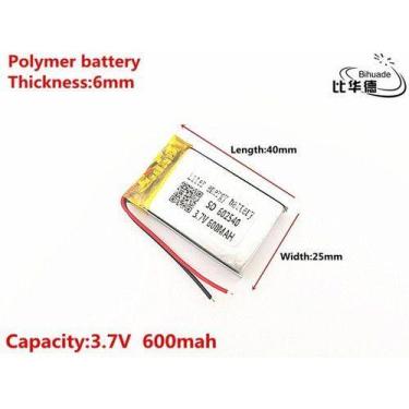 Imagem de Bateria 3,7v  600mah 6mm X 25mm X 40mm Com 2 Fios 602540 - bgb