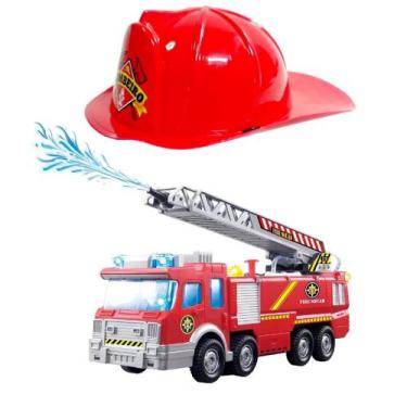 Imagem de Kit Caminhão de Brinquedo Bombeiros Infantil Lança Agua + Capacete - T