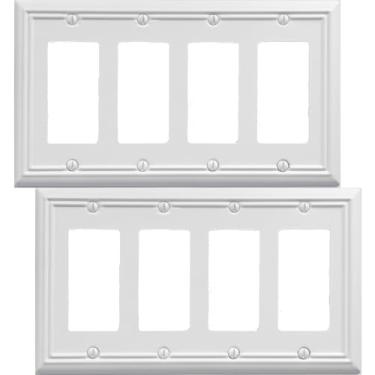 Imagem de OKAWYC Capa decorativa quádrupla para interruptor de luz Adler, placa de parede de metal, pacote com 2, branco, 4 gangs, balancim quádruplo, para tomada de controle de intensidade de luz GFCI, placa
