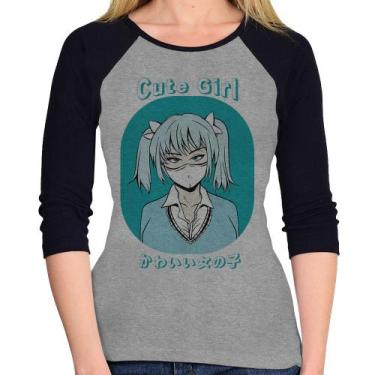 Imagem de Baby Look Raglan Cute Girl Manga 3/4 - Foca na Moda, Cinza, Preto, M