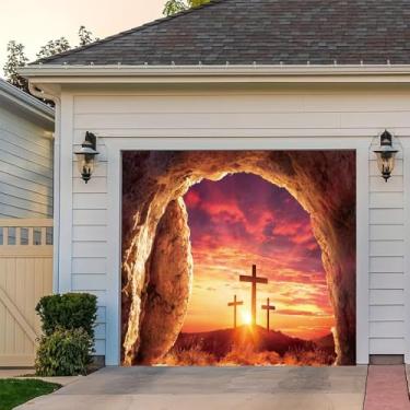 Imagem de Leyiyi 2,1 x 2,4 m Decoração de Porta de Garagem de Páscoa Banner Ressurreição de Jesus Cristo Pano de Fundo Túmulo de Páscoa Crucificação Salvação Três Cruzes Luz Sagrada Bíblia Pray Garage Door