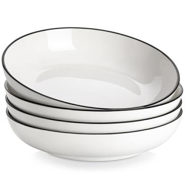 Imagem de MALACASA Tigelas grandes de macarrão de 25,4 cm, tigelas de salada brancas de 1,587 g, tigelas de sopa, tigelas de servir de porcelana, conjunto de 4, borda branca e preta, segura para micro-ondas e