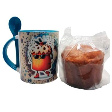 Imagem de Canetone Caneca azul colher Autista que ama Chocotone + Chocotone 80 g