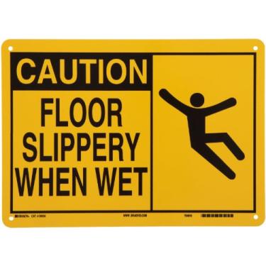 Imagem de Brady 26534 35,56 cm largura x 25,4 cm altura B-401 plástico, sinal de alerta preto sobre amarelo, cabeçalho "Cuidado", legenda "piso escorregadio quando molhado" (com imagem)