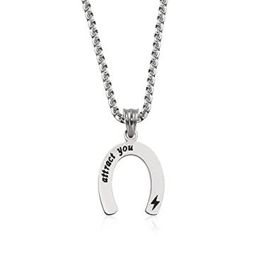 Imagem de Rockyu Colares de casal para namorado e namorada U colares para mulheres, corrente de prata, aço inoxidável, prata, símbolo de ferradura, pingente gravado para atrair você, relâmpago, 45,7 cm,