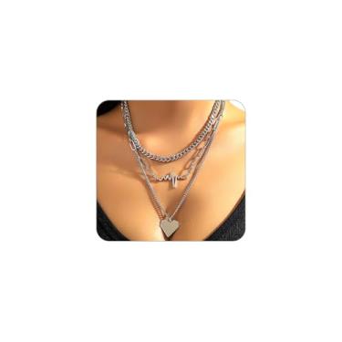 Imagem de FUTIMELY Colar de ouro em camadas com coração batimento cardíaco para mulheres, colar exclusivo de metal com pingente de amor, clipe de papel em camadas de prata, colar de elos cubanos, Large, Liga de