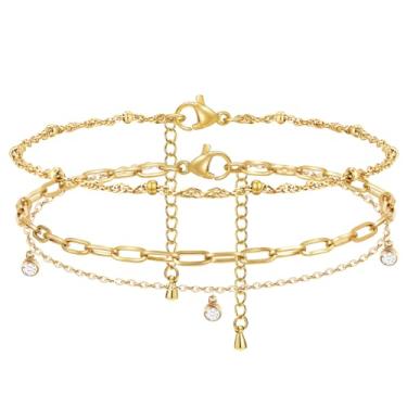 Imagem de Tornozeleiras de ouro impermeáveis para mulheres - pulseiras de tornozelo banhadas a ouro 14k, corrente de pé de surfista de praia de verão multicamadas conjunto de tornozeleiras, joias modernas em