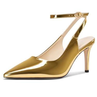 Imagem de DearOnly Sapato social feminino de couro envernizado com bico fino fechado salto alto stiletto tira no tornozelo sapatos sociais de couro envernizado 7,5 cm, Dourado, 36