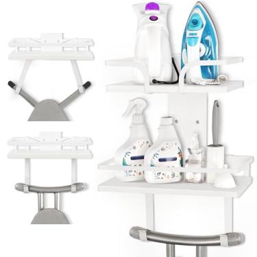 Imagem de VINAEMO Suporte de parede para tábua de engomar, suporte de ferro de 2 camadas e tábua de passar roupa, prateleiras de lavanderia de madeira maciça com ganchos removíveis, organização e armazenamento