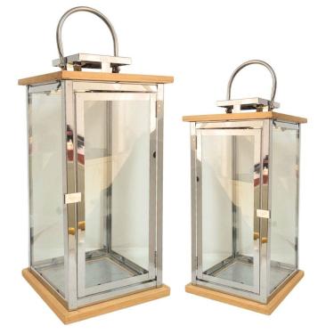 Imagem de Jogo 2 Lanternas Decorativa Luxo Inox e Madeira Prime Grande 60cm e 43cm - Empório Decor