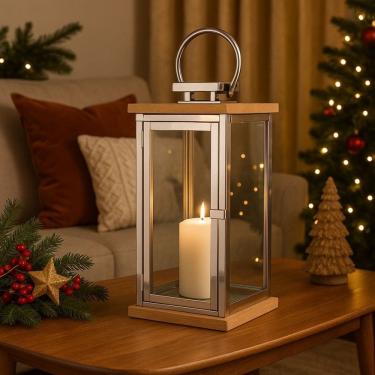 Imagem de Lanterna Decorativa Luxo Inox e Madeira Prime Grande 60cm x 24cm - Empório Decor