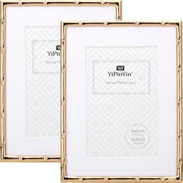 Imagem de Porta-retrato de metal dourado escuro com detalhe de bambu, 15 x 20 cm, com suporte de moldura ácida para 10 x 15 cm, elegantes molduras banhadas a ouro para bebês de 15 x 20 cm com forro de veludo