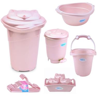 Imagem de Kit 10 peças Cesto de Roupas Bebê Bacia Balde Lixeira Organizador Cabides Plastibaby (Rosa Perolado)