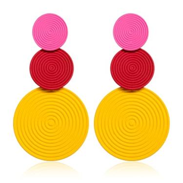 Imagem de QLYOVWE Brincos femininos de disco redondo de ouro vintage, feitos à mão, de liga redonda, brincos pendentes exclusivos dos anos 60, 70, 80, brincos de neon, boêmio, verão, praia, joias, Medium, Metal