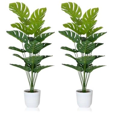 Imagem de SAJANDAS Conjunto de 2 plantas artificiais Monstera Deliciosa em vasos, árvores tropicais falsas com caules de folhas de vegetação, plantas de piso de queijo suíço sintético de 111 cm para varanda