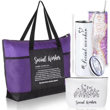 Imagem de Sieral Conjunto de 3 peças para presente de agradecimento de assistente social 590 ml copo de aço inoxidável com palha, bolsa de maquiagem de lona e sacola para mulheres, funcionários, colegas, semana