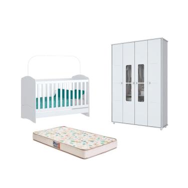 Imagem de Berço Bala de Menta e Guarda Roupa Aquarela Branco e Colchão - FdECOR