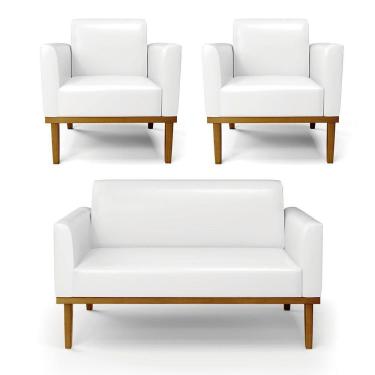 Imagem de Sofá Namoradeira Com 2 Poltronas Base De Madeira Fixa Castanho Marisa Corano D03 - D?rossi Cor Branco