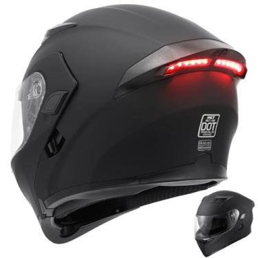 Imagem de Oumurs Capacete Integral Para Motocicleta Dot, Viseira Dupla Modular Dobrável Com Luzes Traseiras De Led, Leve E Aprovado Pelo Dot, Preto Fosco - Gg