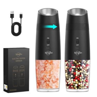 Imagem de Sangcon Conjunto de moedor elétrico de sal e pimenta gravity recarregável, automático, pimenteiro, USB-C sem necessidade de bateria – luz LED, operação com uma mão, moedor de pimenta grosso ajustável