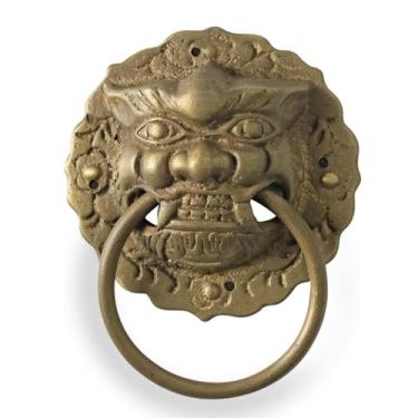 Imagem de Puxador de porta de cabeça de leão clássico aldrava de metal para uso externo em latão sólido retrô para porta de madeira