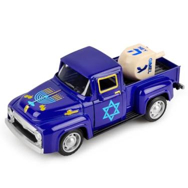 Imagem de Hooqict Hanukkah Mini caminhão de metal com madeira Dreidel vintage Chanucá decoração modelo de caminhão fundido para Hanukkah bandeja em camadas decoração judaica para crianças