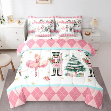 Imagem de Erosebridal Jogo de cama de casal com quebra-nozes de Natal, tamanho casal, xadrez, rosa, pinheiro, pinheiro, com lençol de cima, princesa e soldado para crianças, meninos e meninas