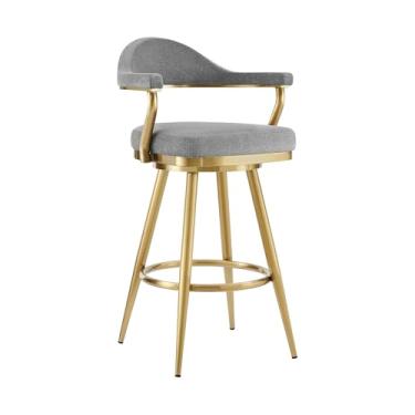 Imagem de Armen Living Justin — Banqueta giratória de 66 cm com aço inoxidável escovado dourado e tecido cinza âncora