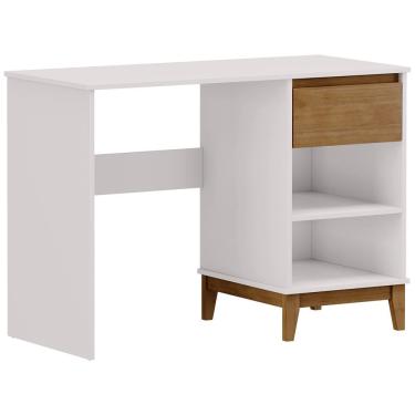 Imagem de Mesa Para Escritório Escrivaninha Home Office 1 Gaveta Cintra F06 Off White Freijó - Lyam Decor