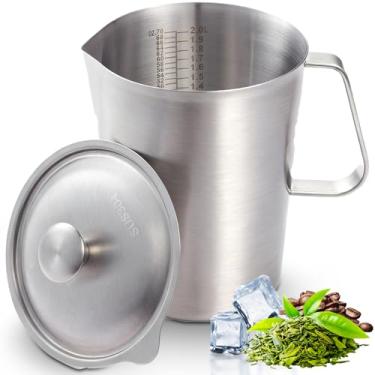 Imagem de YOKUGO Jarra de aço inoxidável com tampa de 2 L, copo medidor de metal de 1,984 g com alça, copos graduados de boca grande, jarra de espuma de leite para máquina de espresso, latte, chá gelado, água