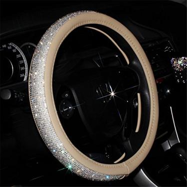 Imagem de Capa de volante de cristal bege universal antiderrapante com couro PU e strass de diamante brilhante, capa decorativa de acessórios de carro, 38 cm