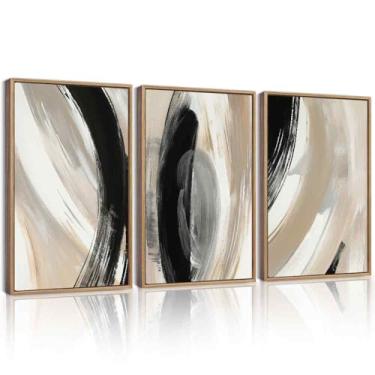 Imagem de KUVIOKE Arte de parede emoldurada abstrata preta neutra minimalista grafite pastel decoração de parede ilustração moderna pintura artística para quarto sala de estar 40 x 61 cm (moldura natural)