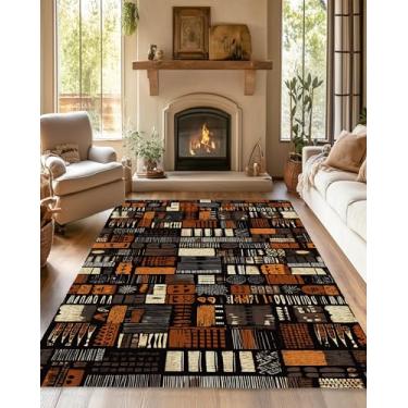 Imagem de Tapete de área marrom e laranja estilo africano para sala de estar, suporte antiderrapante, tapete abstrato moderno para uso interno, tapete lavável 12 x 18 cm