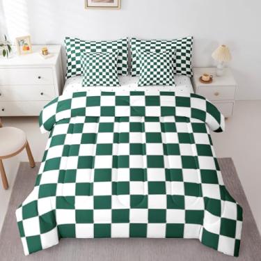 Imagem de Erosebridal Conjunto de cama de solteiro quadriculado esthetic em uma bolsa, 7 peças, branco, verde, quadriculado, xadrez, búfalo, para crianças, adolescentes, adultos, jogo de cama geométrico guingão