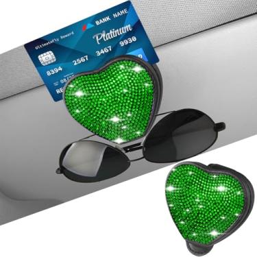 Imagem de Suporte de óculos de sol brilhante para viseira de sol de carro, suporte de suporte magnético de couro PU, clipes organizadores de óculos, decoração de cristal, clipe de cartão de bilhete (verde)
