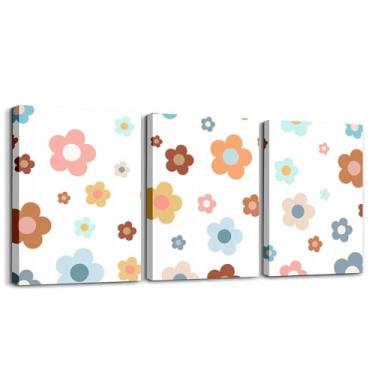 Imagem de Arte de parede em tela de flores fofas para sala de estar quarto desenho animado bonito imagem floral decoração de parede para decoração de casa banheiro 30,5 cm x 40,6 cm 3 peças marrom azul-petróleo