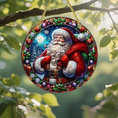 Imagem de Acrílico colorido Suncatcher, enfeite de vitral de Natal Papai Noel, janela suspensa de 18 cm, decoração de arte de parede com design de vitral impresso, ideia de presente e ornamento de jardim, uso