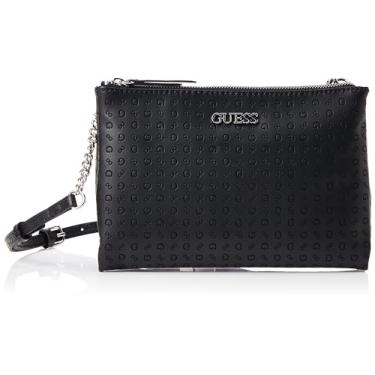 Imagem de GUESS Bolsa tiracolo feminina Tidewood Mini com zíper duplo, Preto/branco, One Size, Tidewood Mini zíper duplo Crossbdy