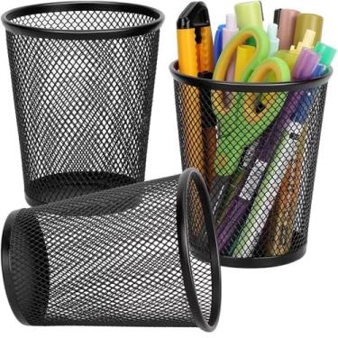 Imagem de 2 porta-lápis de metal, suporte de caneta em forma de cone, organizador de mesa metálico, suporte de caneta de metal cônico para escritório, preto