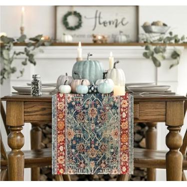 Imagem de Caminho de mesa vermelho estilo boêmio, rústico, casa de fazenda mágica, outono, cozinha, decoração de mesa de jantar para decoração de festa em casa 33 x 182 cm