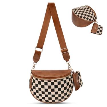 Imagem de idoltimes Bolsa transversal quadriculada, bolsas de nylon para mulheres, bolsa tiracolo espaçosa, pochete com alça de ombro, Marrom pu-1