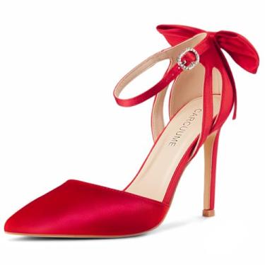 Imagem de Carcuume Sandálias femininas de bico fechado com salto agulha com laço e bico fino, sapatos de casamento, Cetim vermelho, 37