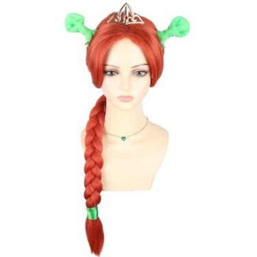 Imagem de LeMarnia Peruca trançada princesa longa Auburn com colar de coroa e orelhas verdes, conjunto de acessórios para mulheres, fantasia de Halloween, cosplay e festa