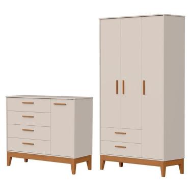 Imagem de Jogo De Quarto Infantil Flip Guarda Roupa 3 Portas E Cômoda 1 Porta Areia Fosco - Reller Móveis Areia Fosco