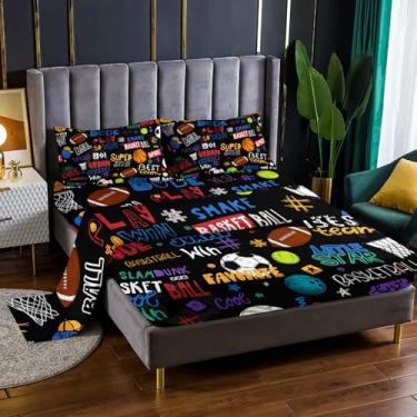 Imagem de Nttopship Jogo de cama Queen com bola esportiva, 4 peças, futebol, rúgbi, basquete, 40,6 cm, bolsos profundos, bola esportiva, 4 peças (1 lençol + 1 lençol + 2 fronhas)